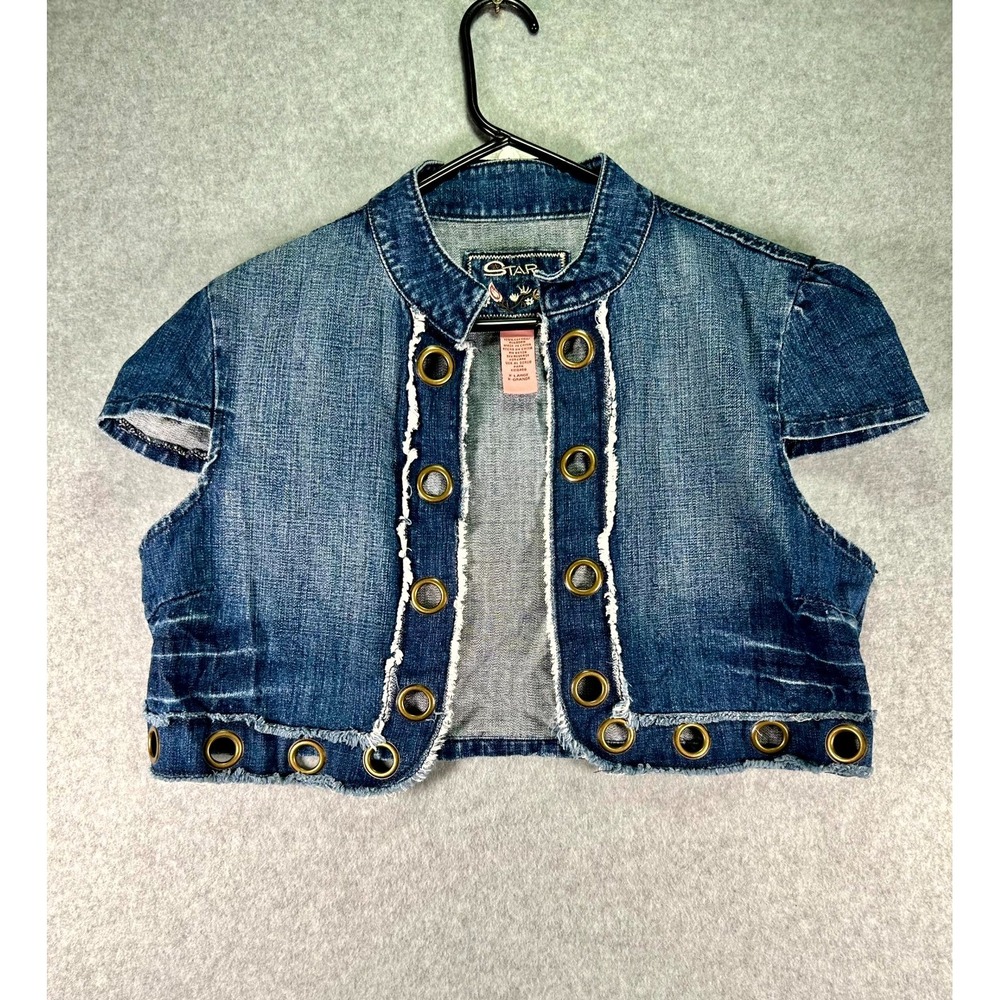 Vintage Y2K Star Jeans Cropped Jacket Womens XL Blue Denim Frayed Edge Grommet